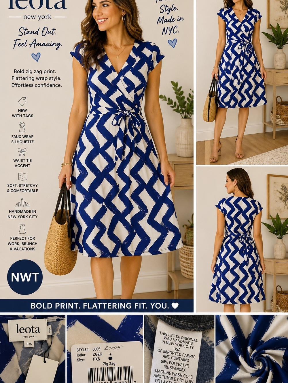 💙 NWT Leota NYC Zig Zag Faux Wrap Dress XS | Bold Blue White Statement Midi 💙
